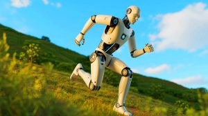 Illustration of Unitree Robotics' R1 humanoid robot showcasing agility and affordability in a competitive robotics market, generated by artificial intelligence.