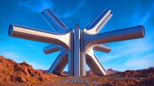 Illustration of China's X-shaped nuclear fusion facility emerging from rocky terrain, generated by artificial intelligence.