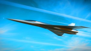 Illustration of NASA's X-59 QueSST aircraft demonstrating quiet supersonic flight, generated by artificial intelligence.