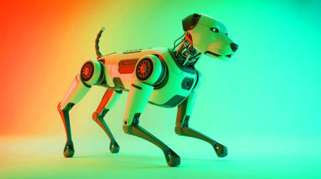 Illustration of a rope-driven robot dog utilizing capstan drive technology, generated by artificial intelligence.