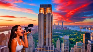 Illustration of a young TikTok user critiquing 432 Park Avenue in New York City, highlighting skyscraper flaws.
