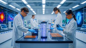 Illustration of AI-driven discovery of new battery materials for sustainable energy solutions.
