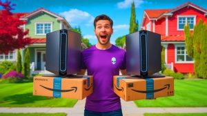 Illustration of a customer receiving an unexpected extra Alienware monitor from Amazon.