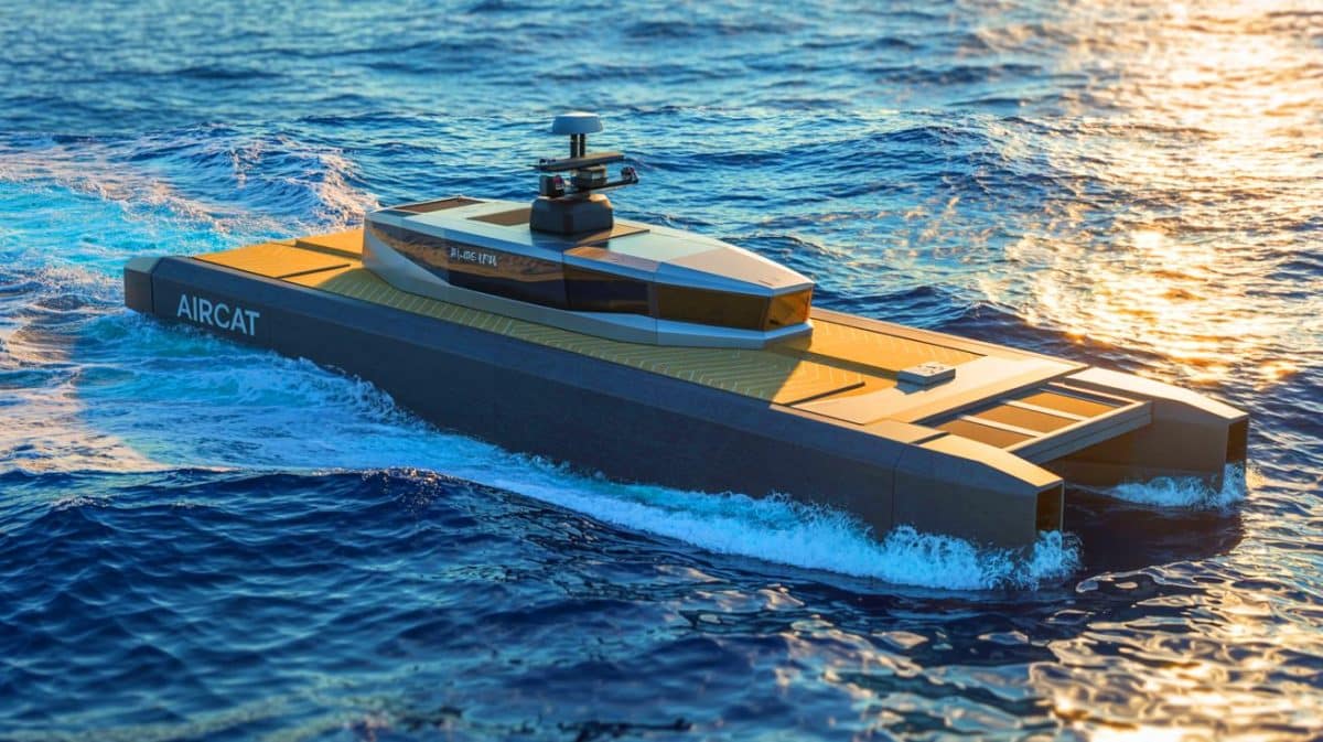 Illustration of the AIRCAT Bengal MC, an advanced autonomous naval vessel revolutionizing military technology.