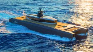 Illustration of the AIRCAT Bengal MC, an advanced autonomous naval vessel revolutionizing military technology.