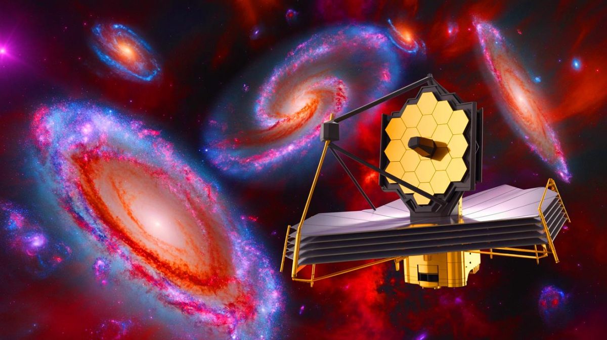 Illustration of the James Webb Space Telescope observing ancient galaxies.