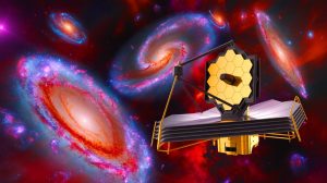 Illustration of the James Webb Space Telescope observing ancient galaxies.