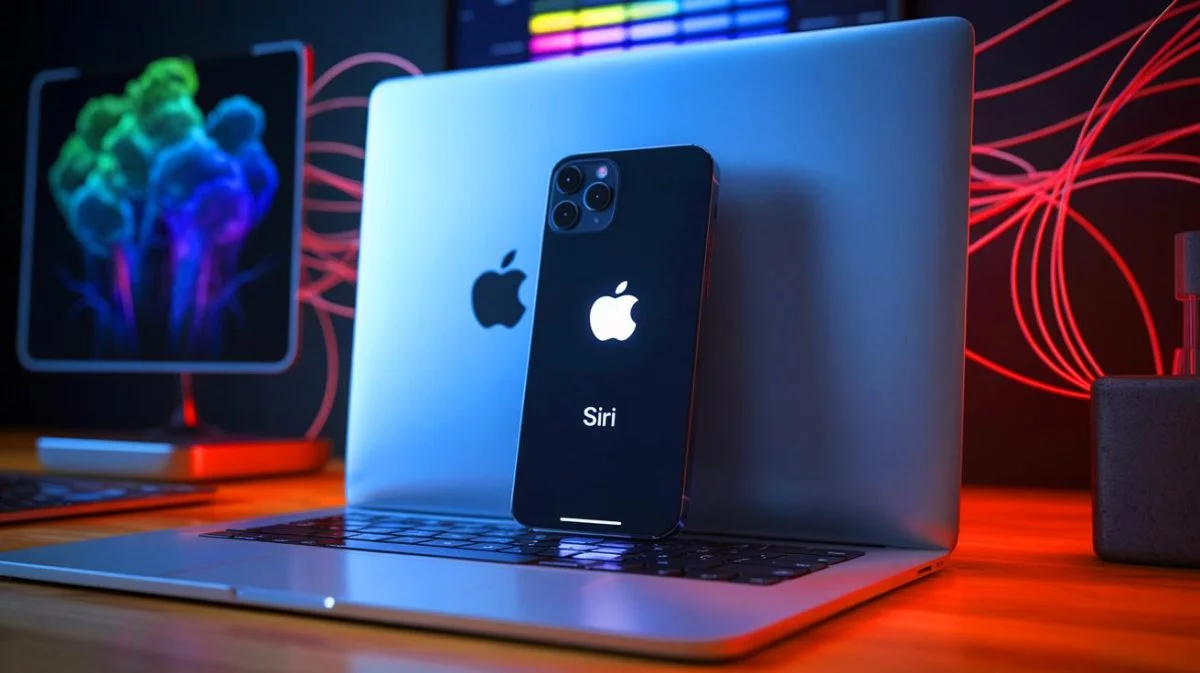“Apple Fears Losing Ground”: This Google Deal Could Change Siri’s Future in the US Tech Race Illustration of an Apple iPhone running Siri in front of a MacBook screen displaying the Apple logo.