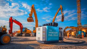 Illustration of hydrogen fuel cells powering a construction site.