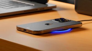 Illustration of the iPhone 17 Air showcasing its portless, ultra-slim design and wireless charging capability.