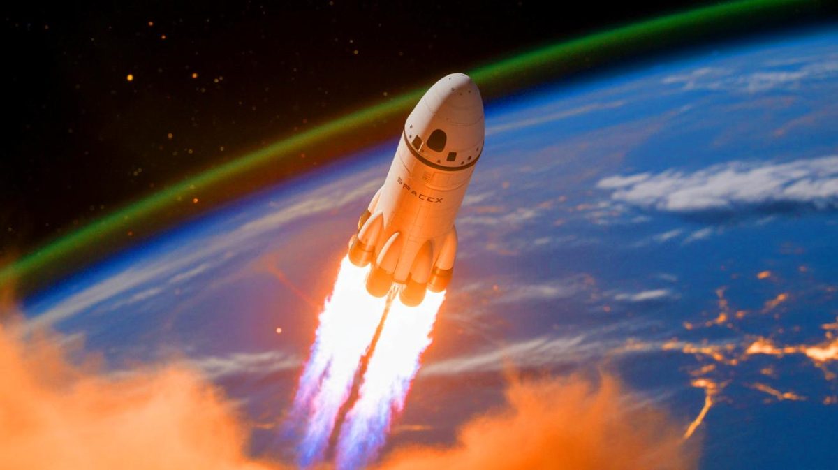 Illustration of SpaceX's Dragon capsule returning to Earth with advanced technology from the International Space Station.