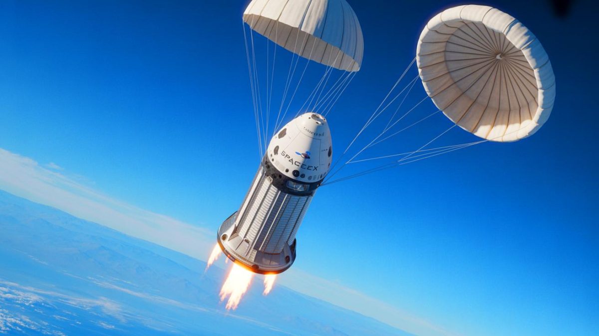 Illustration of SpaceX's Dragon capsule returning to Earth with advanced technology from the International Space Station.