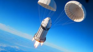 Illustration of SpaceX's Dragon capsule returning to Earth with advanced technology from the International Space Station.