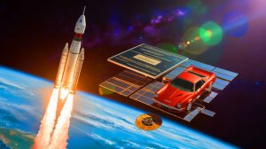 Illustration of humanity's cultural artifacts and technology being sent into space.