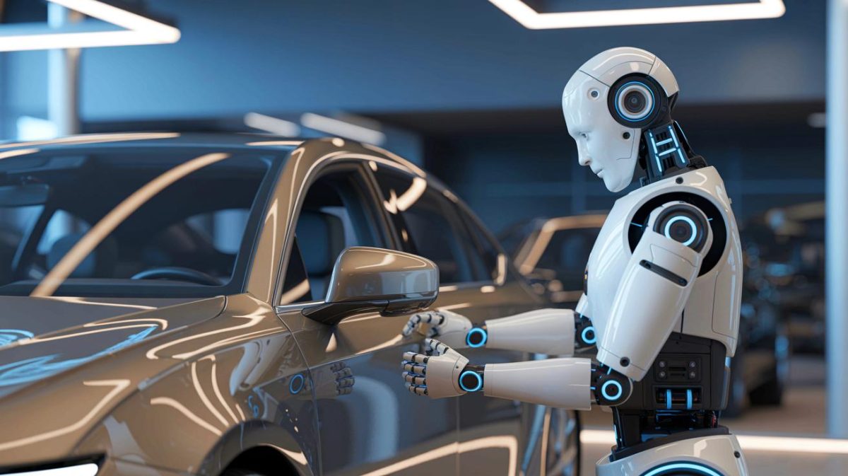 Illustration of Mornine, a humanoid robot by AiMOGA Robotics, autonomously opening a car door at a Chery dealership in China.