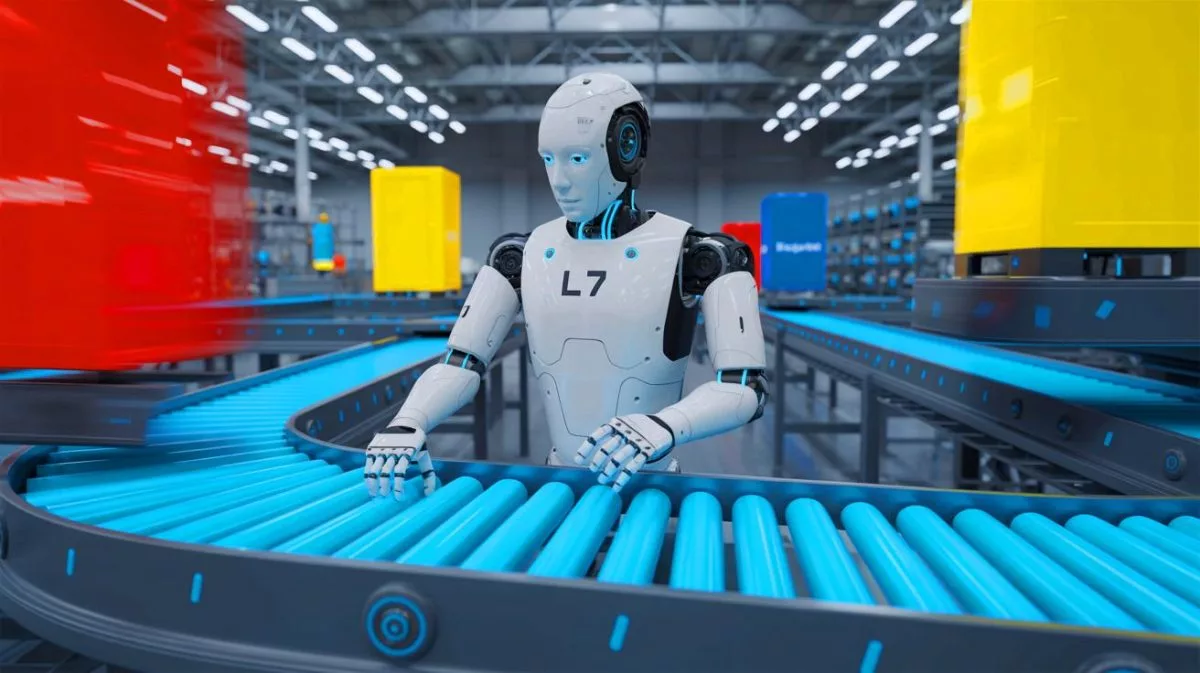 “Robots Can Outrun Humans Now”: Chinese L7 Humanoid Sprints 9 MPH While Breakdancing and Lifting 44-Pound Objects Simultaneously Illustration of the L7 humanoid robot demonstrating speed and agility in an industrial setting.