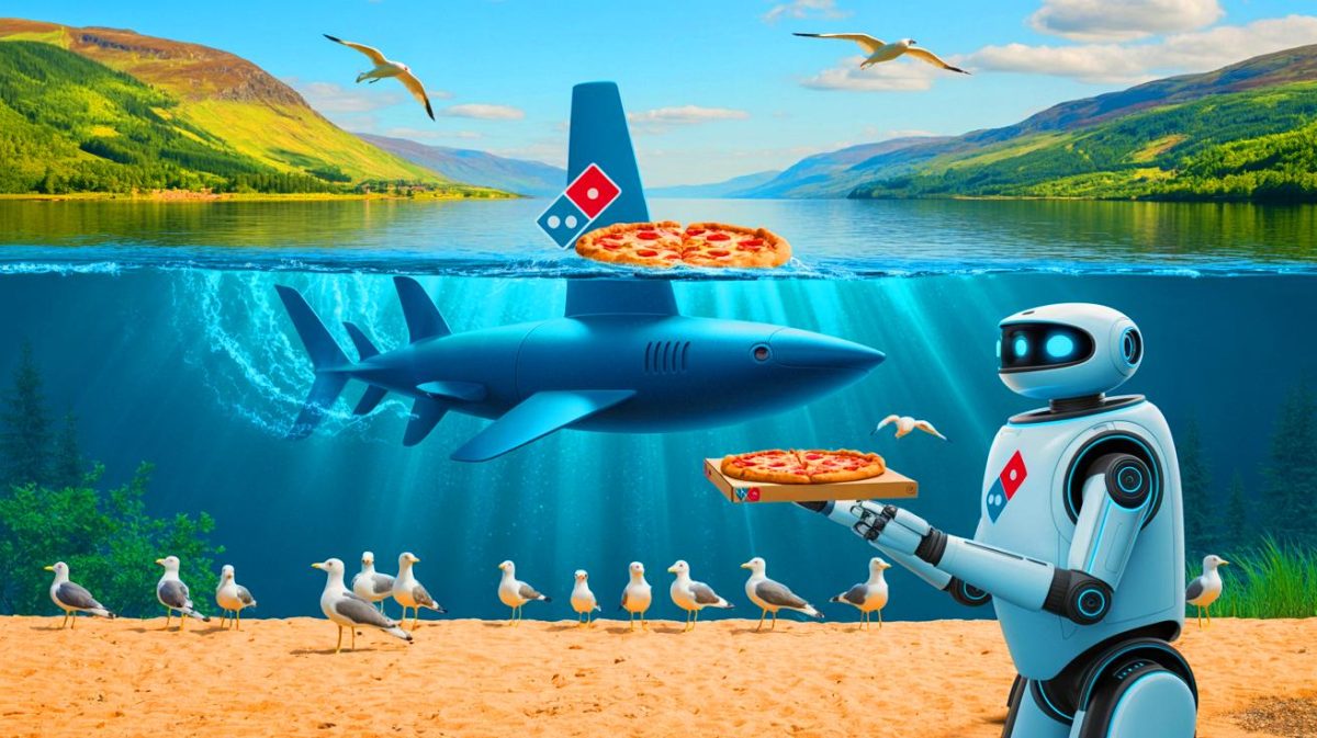 “Executives Tease Bizarre Delivery”: Domino’s Tests Submarine Drops And Robot Dogs As Workers Protest Costly Experiments And Safety Risks Illustration of Domino's innovative delivery methods using submarines and robot dogs in the UK.