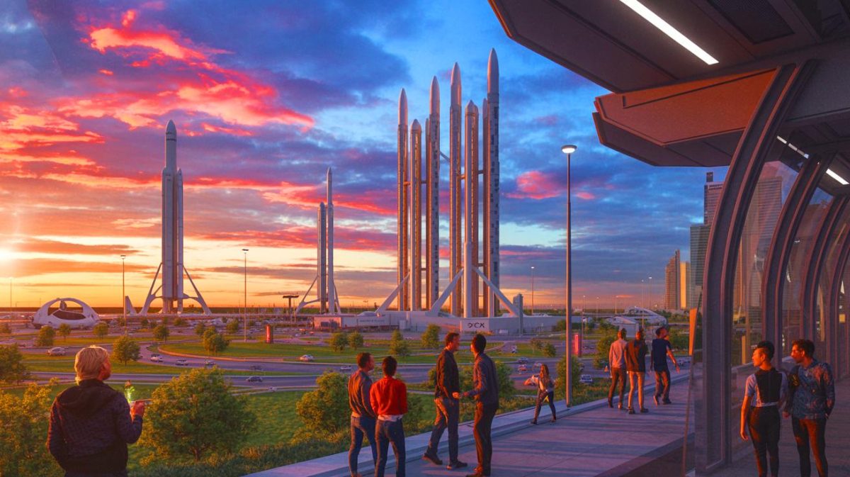 Illustration of the transformation of a Texas community into the private city of Starbase by Elon Musk's SpaceX.