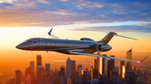 Illustration of the Bombardier Global 8000 jet showcasing its speed, luxury, and sustainable features.
