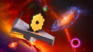 Illustration of the James Webb Space Telescope observing ancient galaxies.