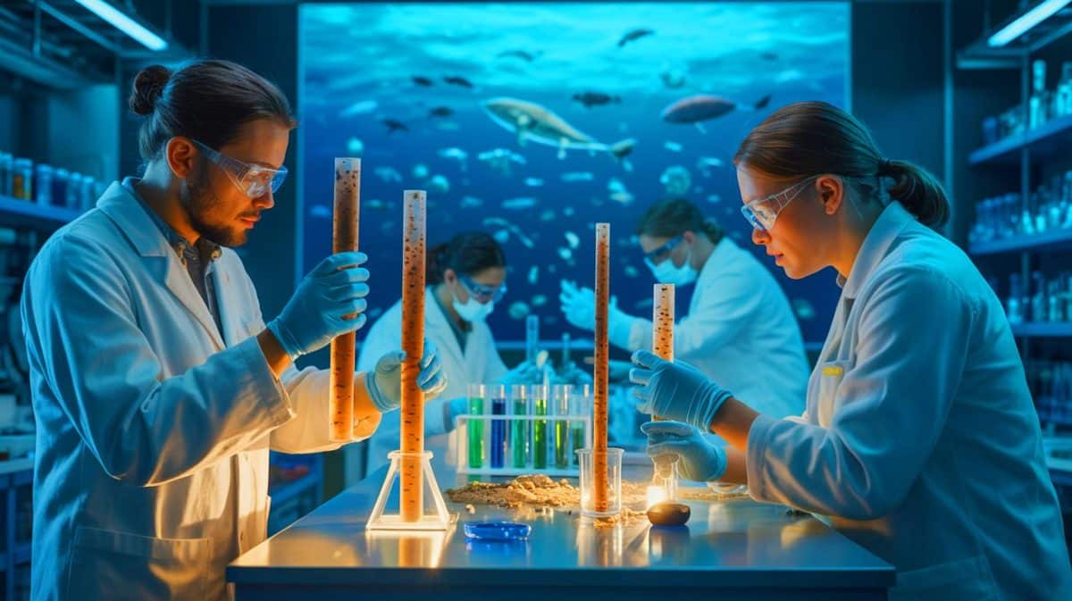 Illustration of scientists uncovering microscopic comet dust in ocean sediment cores.