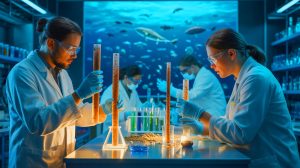 Illustration of scientists uncovering microscopic comet dust in ocean sediment cores.