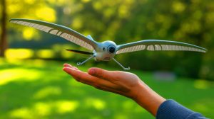 Illustration of a flapping-wing drone landing gently on a person's hand.