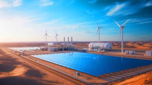 Illustration of the Yanbu Green Hydrogen Hub in Saudi Arabia set to become the world's largest producer of green hydrogen.