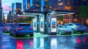 Illustration of the EV Totem combining electric vehicle charging stations with digital advertising displays.