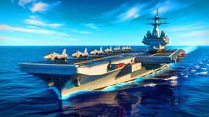 Illustration of China's expanding naval fleet and aircraft carriers.