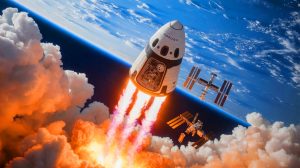 Illustration of SpaceX's Dragon capsule returning from the International Space Station with advanced technology.