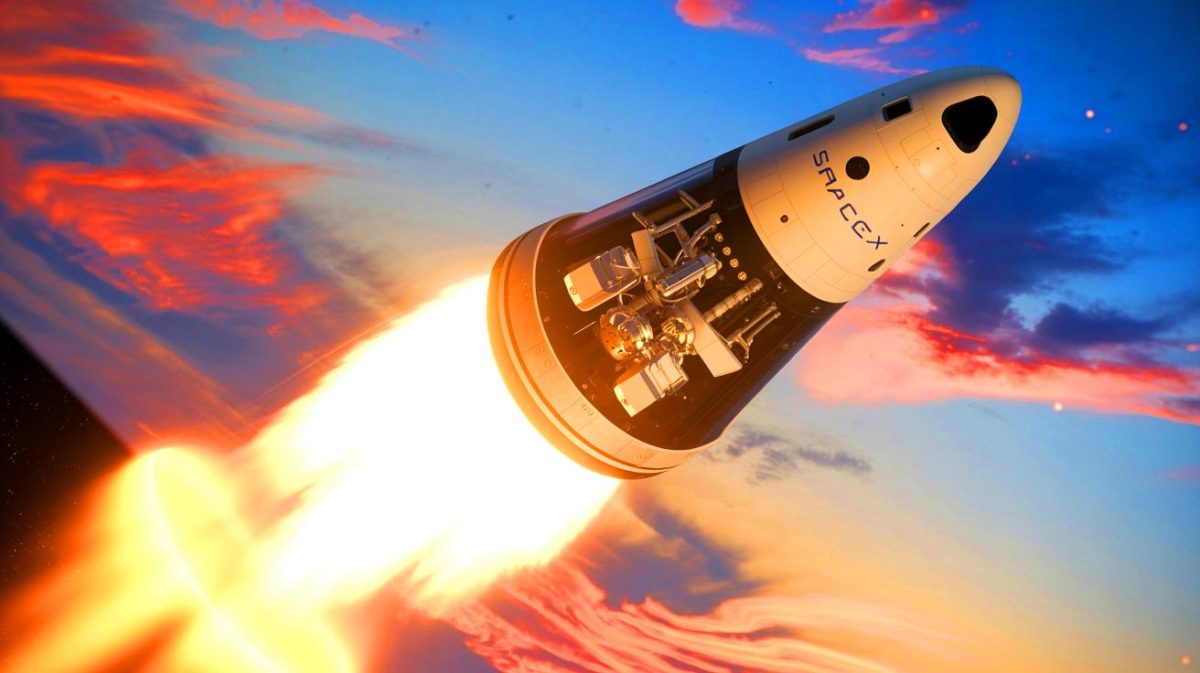 Illustration of the SpaceX Dragon capsule returning to Earth with advanced technology from the ISS.