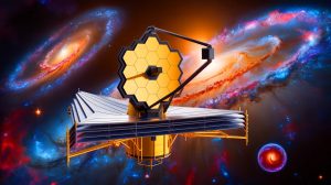Illustration of the James Webb Space Telescope capturing dormant galaxies in the early universe.