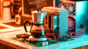 Illustration of the Coffeematic PC, a unique computer built from a vintage coffee maker.