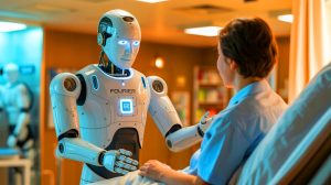 Illustration of Fourier's GR-3 humanoid robot designed for emotional interaction and empathy in human environments.