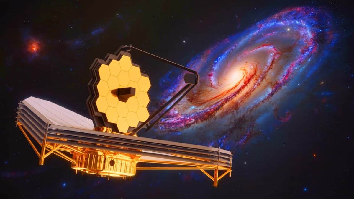 Illustration of the James Webb Space Telescope observing ancient galaxies with distinct rotational patterns.