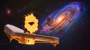 Illustration of the James Webb Space Telescope observing ancient galaxies with distinct rotational patterns.