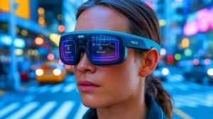 Illustration of Meta's innovative smart glasses and augmented reality ecosystem.