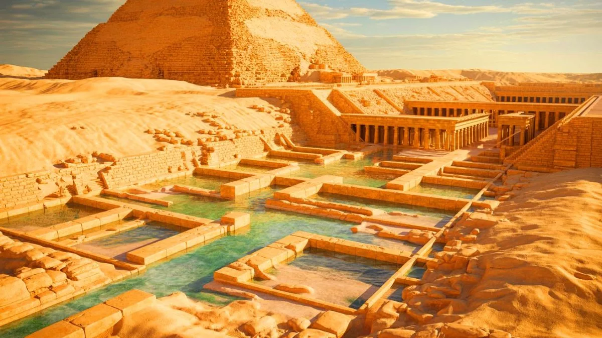 “They Lied About How Pyramids Were Built” Scientists Find 14 Million Cubic Feet of Hidden Hydraulic Technology Under Egypt Illustration of the sophisticated water management system surrounding the Pyramid of Djoser in ancient Egypt.
