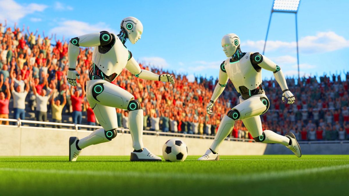 Illustration of humanoid robots competing in a soccer match.