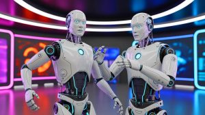 Illustration of humanoid robots Adam and Adam-U demonstrating advanced AI capabilities at WAIC 2025.