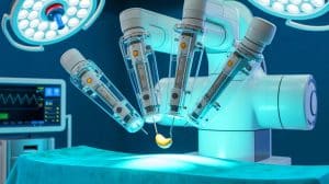 Illustration of a robot autonomously performing a gallbladder removal surgery using voice commands.