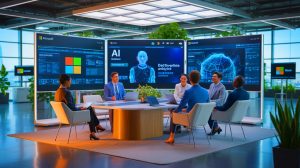 Illustration of Microsoft CEO Satya Nadella addressing workforce restructuring and the shift towards artificial intelligence.
