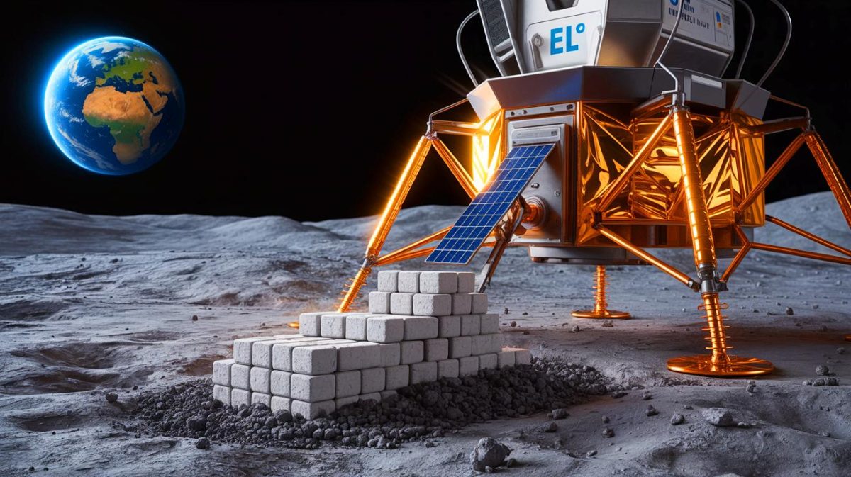 Illustration of a solar-powered machine transforming lunar soil into construction bricks.