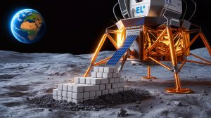 Illustration of a solar-powered machine transforming lunar soil into construction bricks.