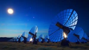 Illustration of heliostat mirrors at Sandia National Laboratories being repurposed for asteroid detection at night.