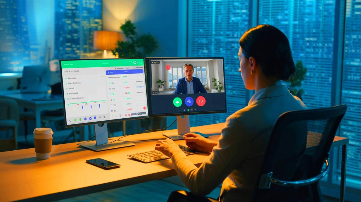Illustration of a remote employee managing dual employment during a four-day workweek experiment.