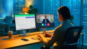 Illustration of a remote employee managing dual employment during a four-day workweek experiment.