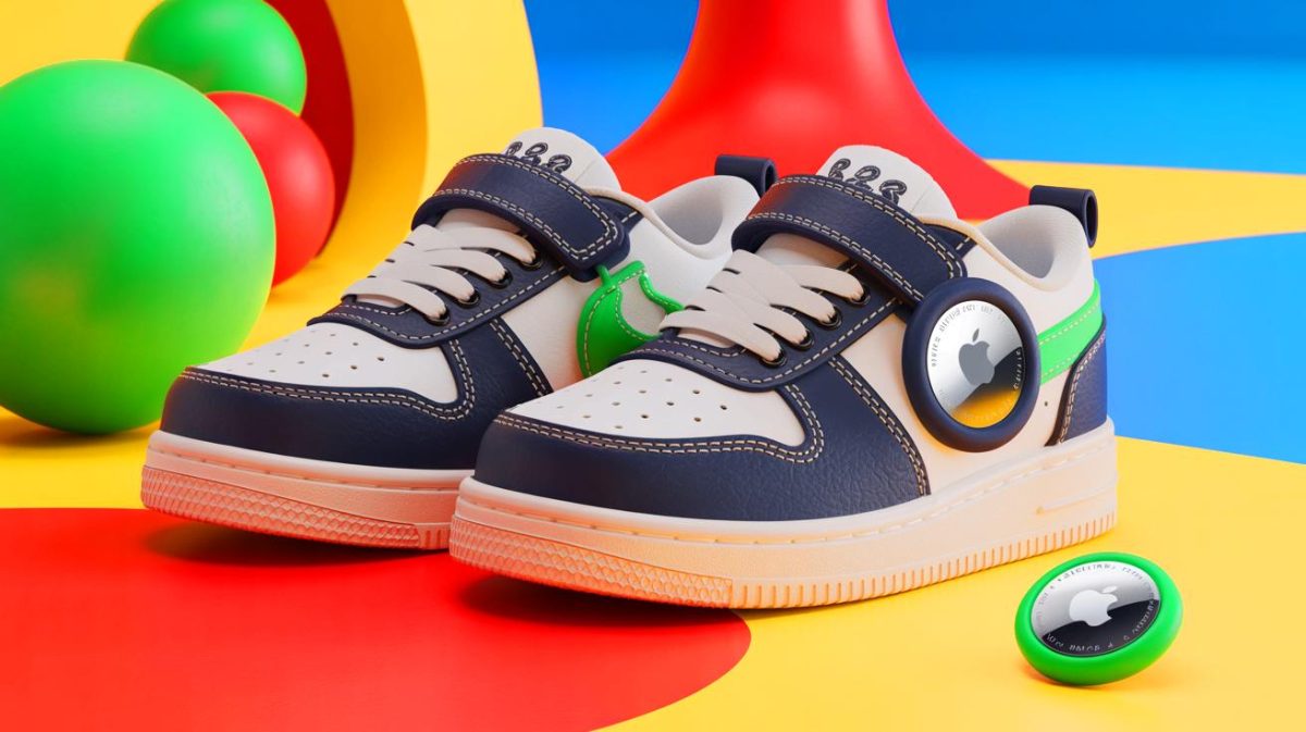 Illustration of children's sneakers with a hidden compartment for Apple AirTags.