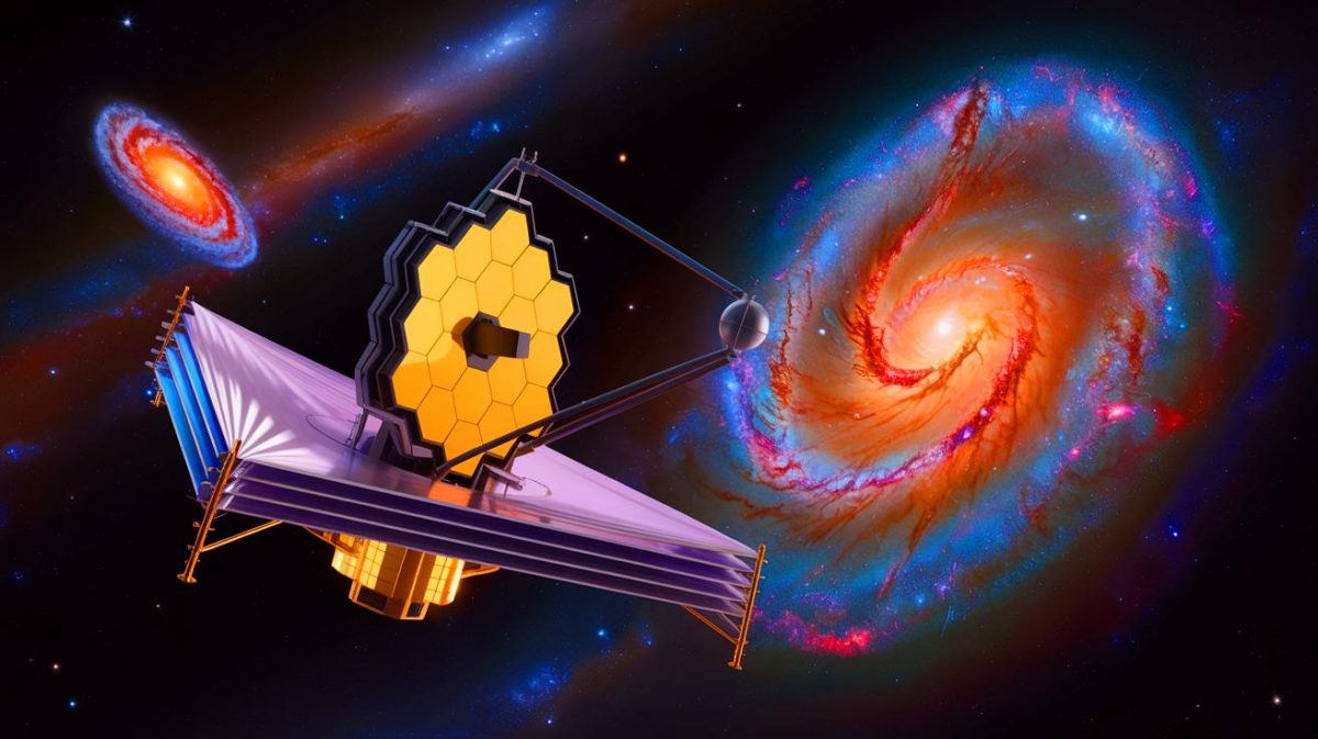 “Terrifying Cosmic Trap”: Kansas State Researchers Reveal Galaxies Spinning Clockwise, Fueling Explosive Theory of Universe Inside Black Hole Illustration of the James Webb Space Telescope capturing ancient galaxies with a focus on their rotational directions.
